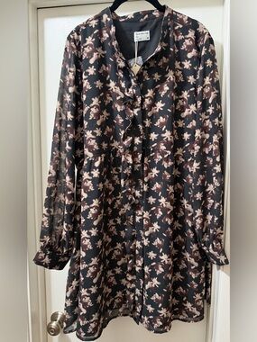 Frank & Oak Black Floral Long-Sleeve Ruffle Fit & Flare Dress